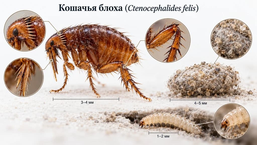 Макрофотография кошачьей блохи Ctenocephalides felis: ктенидии на голове, ротовые стилеты, прыгательная нога, тело имаго 3-4 мм, шелковый кокон куколки 4-5 мм и личинка 1-2 мм