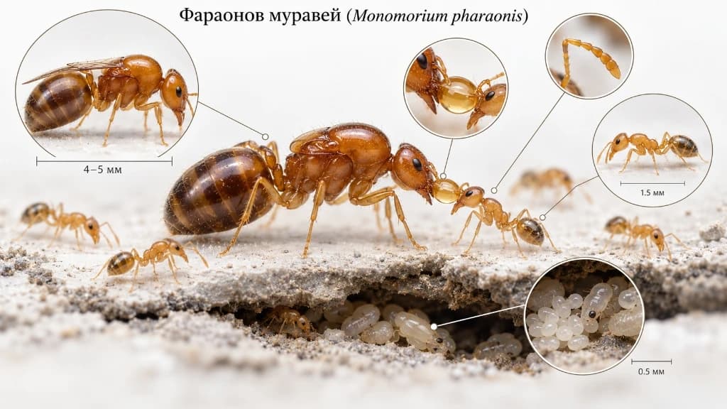 Иллюстрация фараонового муравья: рабочие особи, матка и расплод