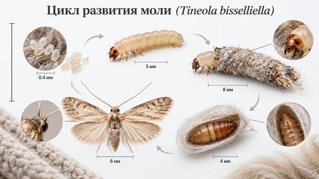 Инфографика цикла развития платяной моли: яйца 0.4 мм, гусеница 5 мм, гусеница в чехлике 8 мм, куколка 4 мм и бабочка имаго 6 мм